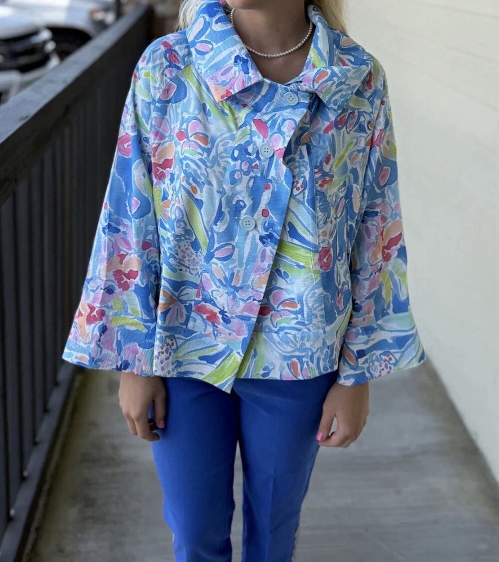 Shana Top XL Medium Floral Print Asymmetric Jacket Blue Colorful Artsy